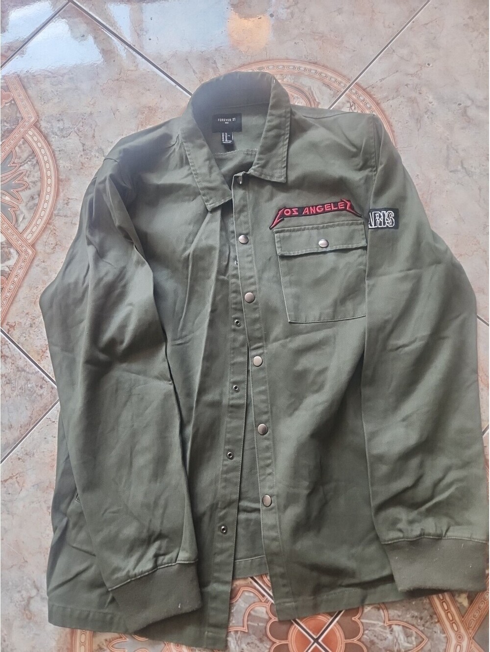 Forever 21 Mens Shirt Jacket Green Denim Snap Pockets Patches Streetwear Size XL